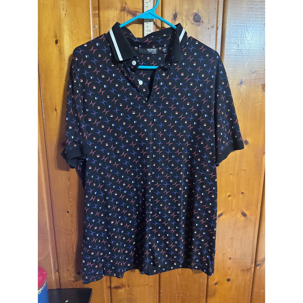 Murano Liquid Luxury Slim Fit Polo Shirt Mens XL Black Geometric Print Short Slv